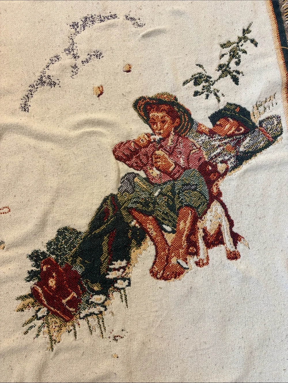 VTG Norman Rockwell Four Seasons Woven Tapestry Throw Blanket Fringed Americana